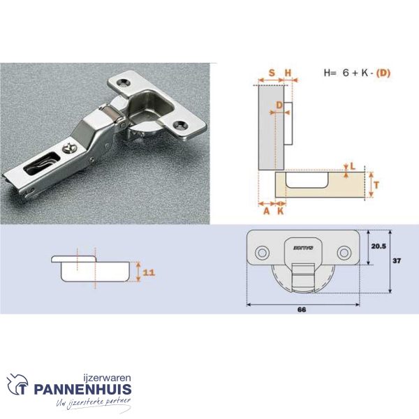 inboor Push scharnier C2APG99 (9mm doorgezet) met omgekeerde veer