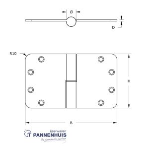 Kogelstiftpaumelle ronde hoeken 89×150 mm DIN rechts (belgisch links) RVS geborsteld