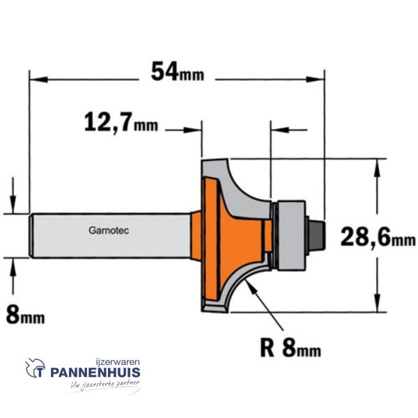 CMT Holle radiusfrees zonder opstaande kant, HW D=28,6 x 12.7mm R=8 L=54 S=8 Z2 - Afbeelding 2