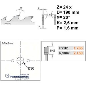 CMT Universele cirkelzaag HW 190x30x2,6 Z24 Massieve houtsoorten, Multiplex