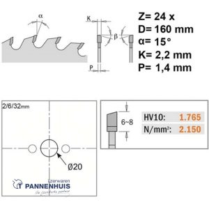 CMT Universele cirkelzaag HW 160x20x2,2 Z24 Massieve houtsoorten, Multiplex