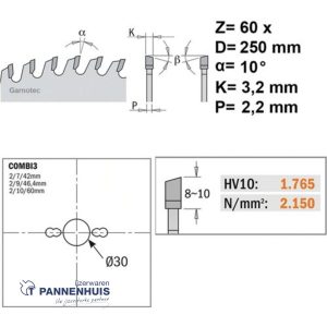 CMT Afkortcirkelzaag HW 250x30x3,2 Z60 Massieve houtsoorten