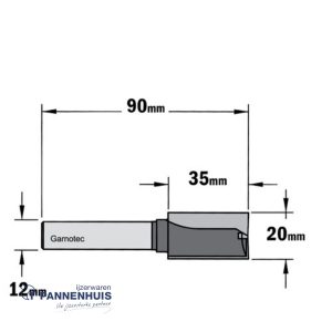 Rechte groeffrees, D=20, I=35, L=90, Z=Z2+1, S=Ø12, Kwaliteit=HW