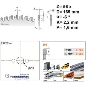 CMT Cirkelzaag voor non-ferro metalen HW 165x20x2,2 Z56 Aluminium, Composiet 25,9 x 20,2 x 1,1