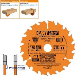 CMT Schulp-en afkortzaag HW 136×20(+10)x1,5 Z18 Massieve houtsoorten, Multiplex 17,2 x 22,7 x 0,9