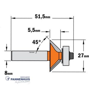 CMT Kantenfrees met kogellager, HW D=27 x 5.5mm 45° L=51,5 S=8 Z2