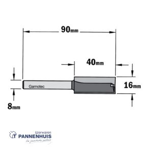 Rechte groeffrees, D=16, I=40, L=90, Z=Z2+1, S=Ø8, Kwaliteit=HW