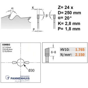 CMT Schulpcirkelzaag HW 250x30x2,8 Z24 Massieve houtsoorten