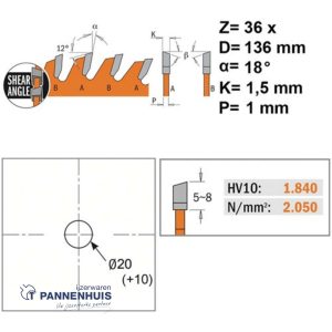 CMT Universele cirkelzaag HW 136×20(+10)x1,5 Z36 Massieve houtsoorten, Multiplex