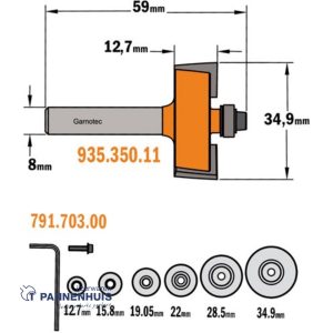 CMT Set met rabatfrees + 6 kogellagers, HW D=34,9 x 12.7mm L=59 S=8 Z2