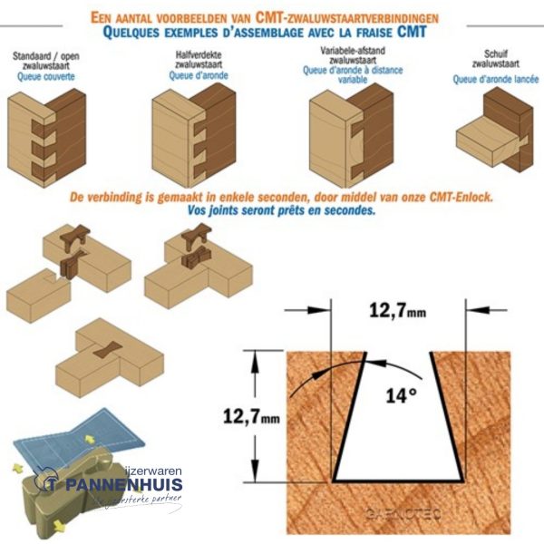 CMT Zwaluwstaartfrees HW D=12,7 x 12.7mm 14° L=52 S=8 Z2 - Afbeelding 3