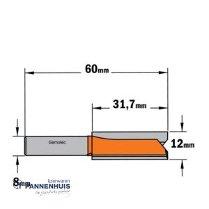 CMT Groeffrees met rechte snijkoppen, HW D=12 x 31,7mm L=60 S=8 Z2