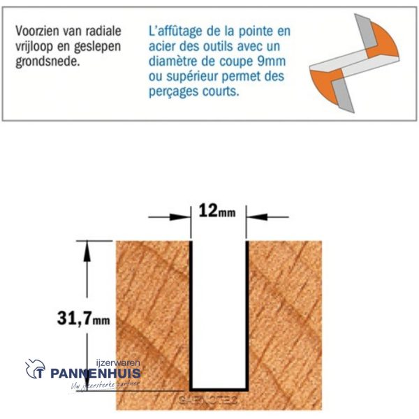 CMT Groeffrees met rechte snijkoppen, HW D=12 x 31,7mm L=60 S=8 Z2 - Afbeelding 3