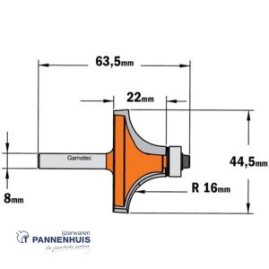 CMT Holle radiusfrees zonder opstaande kant, HW D=44,5 x 22mm R=16 L=63,5 S=8 Z2