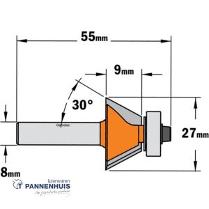 CMT Kantenfrees met kogellager, HW D=26 x 8.5mm 30° L=55 S=8 Z2