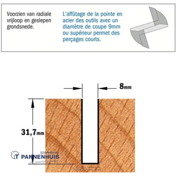 CMT Groeffrees met rechte snijkoppen, HWM D=8 x 31,7mm L=60 S=8 Z2 - Afbeelding 3