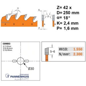 CMT Schulpcirkelzaag HW 250x30x2,4 Z42 Massieve houtsoorten, Multiplex