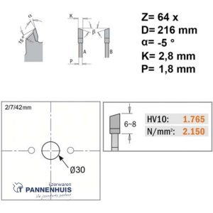 CMT Afkortcirkelzaag HW 216x30x2,8 Z64 Massieve houtsoorten