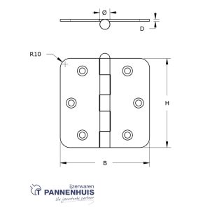 Bolscharnier ronde hoeken, losse pen, 76x76mm RVS