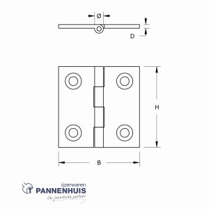 Smalscharnier 30x30x1,6 mm vaste pen massief messing