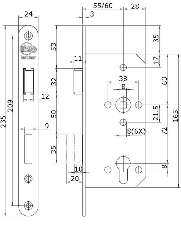 Litto cilinderslot A26E127 55 mm as 72mm inox L/R (Projectslot) - Afbeelding 2