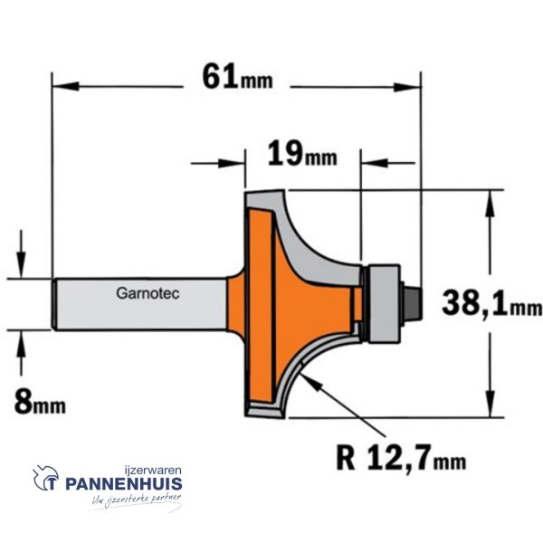 CMT Holle radiusfrees zonder opstaande kant, HW D=38,1 x 19mm R=12,7 L=61 S=8 Z2 - Afbeelding 2