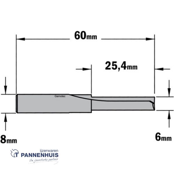 CMT Groeffrees met rechte snijkoppen, HWM D= 6 x 25,4mm L=60 S=8 Z2 - Afbeelding 2