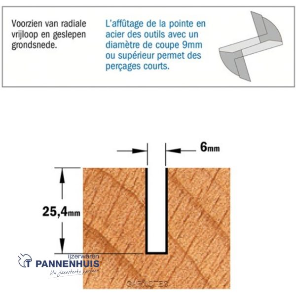 CMT Groeffrees met rechte snijkoppen, HWM D= 6 x 25,4mm L=60 S=8 Z2 - Afbeelding 3