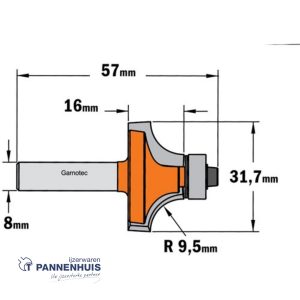 CMT Holle radiusfrees zonder opstaande kant, HW D=31,7 x 16mm R=9,5 L=57 S=8 Z2