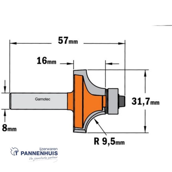 CMT Holle radiusfrees zonder opstaande kant, HW D=31,7 x 16mm R=9,5 L=57 S=8 Z2 - Afbeelding 2