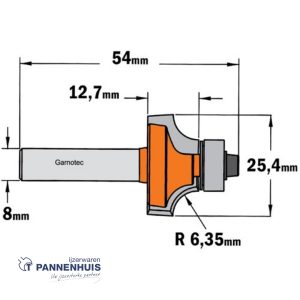 CMT Holle radiusfrees zonder opstaande kant, HW D=25,4 x 12.7mm R=6,35 L=54 S=8 Z2