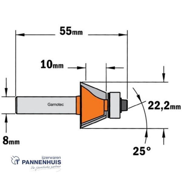 CMT Afkantfrees met kogellager HW D=22,2 x 10mm 25° L=55 S=8 Z2 - Afbeelding 2