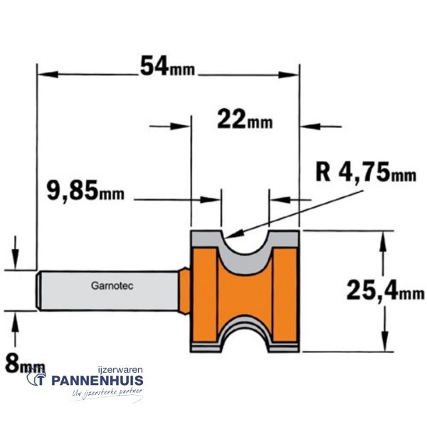 CMT Haflronde frees, HW D=25,4 x 22mm R=4,75 L=54 S=8 Z2 - Afbeelding 2