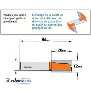 CMT Groeffrees met rechte snijkoppen, HW D=12 x 20mm L=50 S=8 Z2