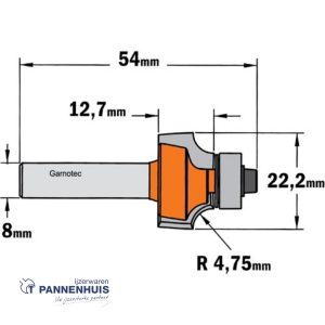 CMT Holle radiusfrees zonder opstaande kant, HW D=22,2 x 12.7mm R=4,75 L=54 S=8 Z2