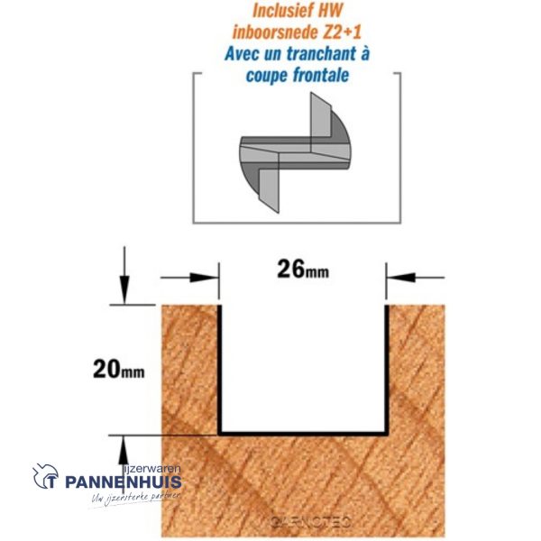 CMT Rechte groeffrees, HW D=26 x 20mm L=70 S=8 Z2+1 - Afbeelding 3