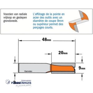 CMT Groeffrees met rechte snijkoppen, HW D=9 x 20mm L=48 S=8 Z2