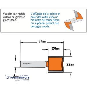 CMT Groeffrees met rechte snijkoppen, HW D=22 x 20mm L=57,2 S=8 Z2