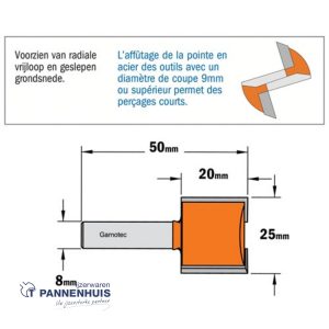 CMT Groeffrees met rechte snijkoppen, HW D=25 x 20mm L=50 S=8 Z2