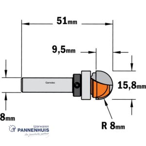 CMT Bolle radiusfrees met kogellager HW D=15,8 x 9.5mm R=7,9 L=50,8 S=8 Z2