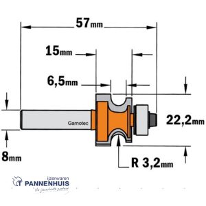 CMT Kantenfrees met kogellager, HW D=22,2 x 15mm R=3,2 L=57 S=8 Z2