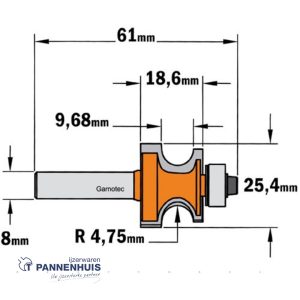 CMT Kantenfrees met kogellager, HW D=25,4 x 18,6mm R=4,75 L=61 S=8 Z2