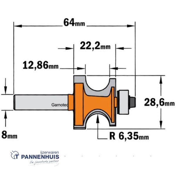 CMT Kantenfrees met kogellager, HW D=28,6 x 22,2mm R=6,35 L=64,8 S=8 Z2 - Afbeelding 2