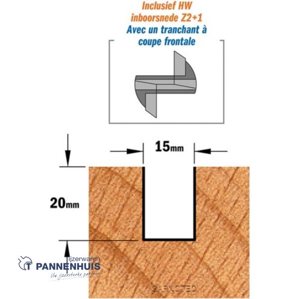 Rechte groeffrees, D=15, I=20, L=60, Z=Z2+1, S=Ø8, Kwaliteit=HW - Afbeelding 3