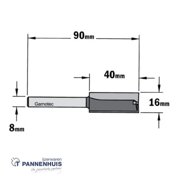 Rechte groeffrees, D=16, I=40, L=90, Z=Z2+1, S=Ø8, Kwaliteit=HW - Afbeelding 2