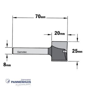 CMT Rechte groeffrees, HW D=25 x 20mm L=70 S=8 Z2+1