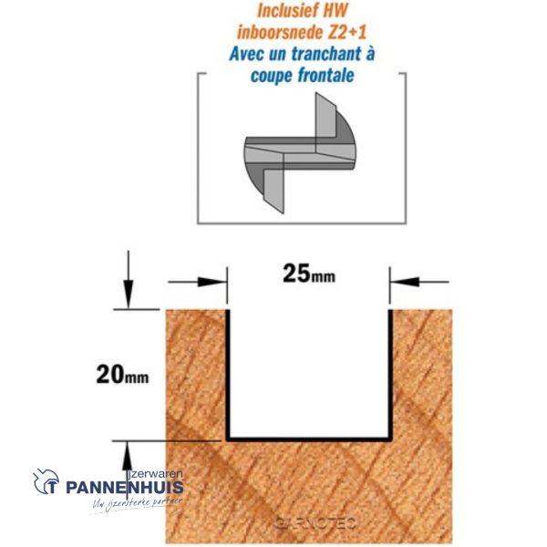 CMT Rechte groeffrees, HW D=25 x 20mm L=70 S=8 Z2+1 - Afbeelding 3