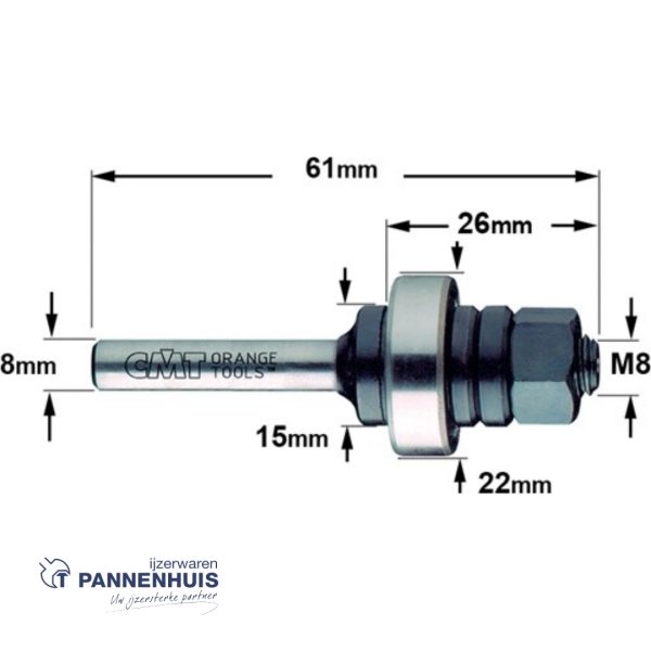 CMT Spindel met kogellager D=M8 x 26mm L=61 S=8 - Afbeelding 2