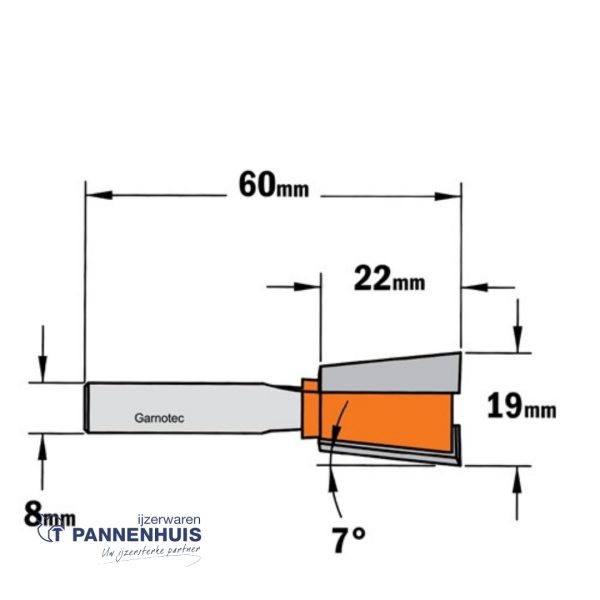 CMT Zwaluwstaartfrees HW D=19 x 22mm 7° L=60 S=8 Z2 - Afbeelding 2