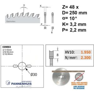 CMT Platencirkelzaag HW 250x30x3,2 Z48 Plaatmateriaal tweezijdig afgewerkt